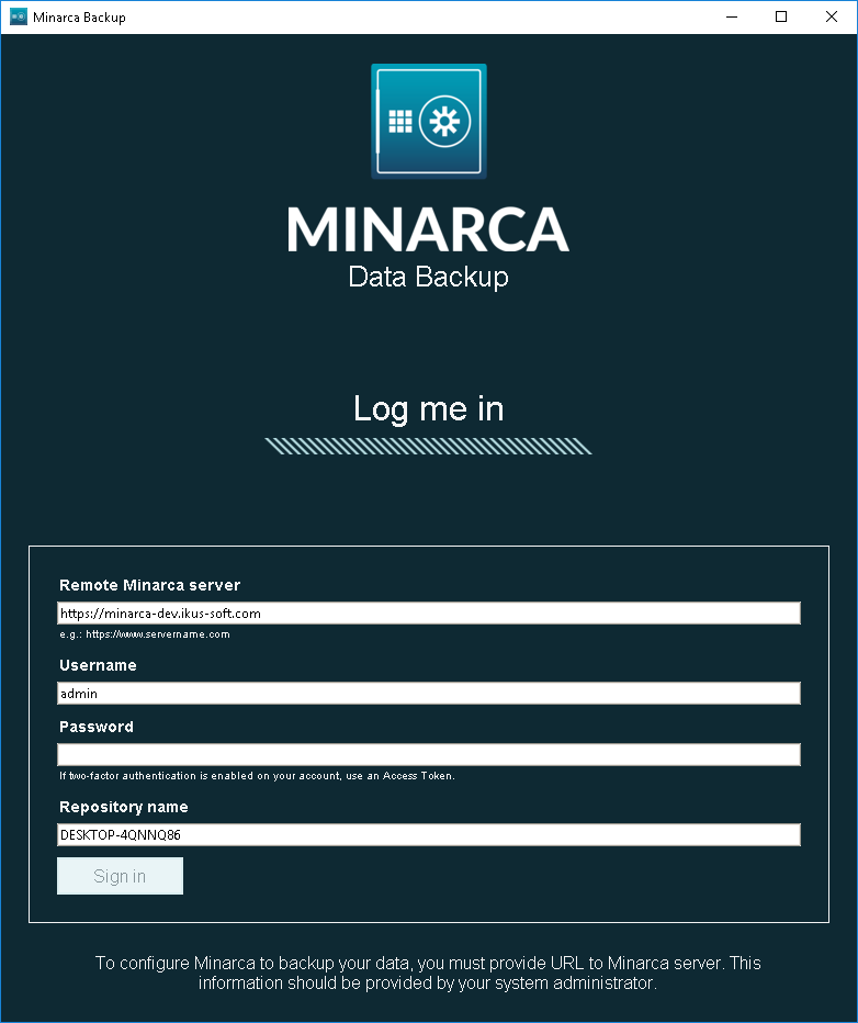 Minarca Setup - Sign in with your username and password.
